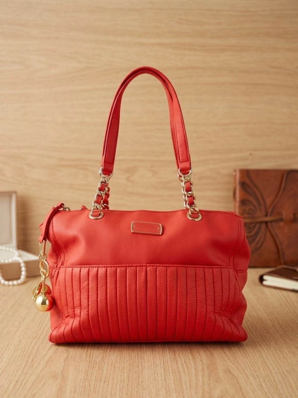 b. makowsky Red Quilted Leather Satchel with Gold Hardware